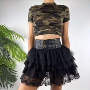 Vintage Y2K Black Balletcore Fairy Grunge Tutu Gothic Ruffle Lace Mini Skirt / M